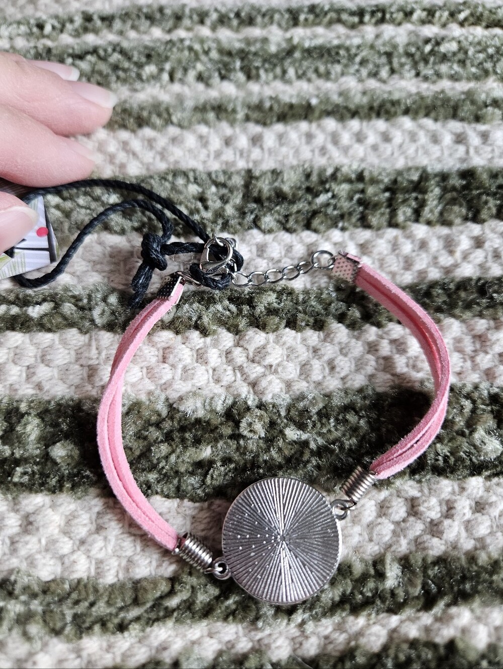 Delicate Pink Suede Bracelet with White Cabachon - Women Jewelry
